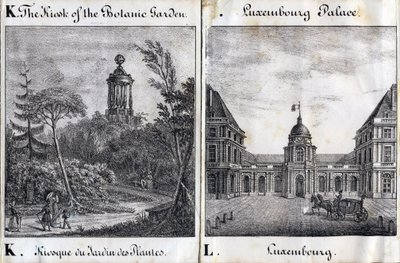 Buchstabe K Kiosk des Jardin des Plantes und L Palais du Luxembourg - „Alphabet Picturesque des Monumens de Paris“ um 1840 (Gravur) von French School