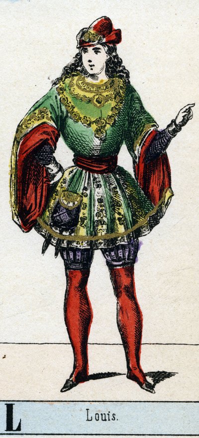 Buchstabe L wie Louis. Abecedarium des Theatralmuseums. Epinaler Bildgebung, um 1830. Holzschnitt, schabloniert mit Vergoldung. Privatbesitz von French School