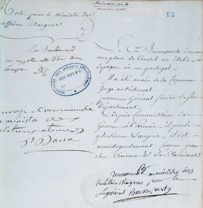 Empfehlungsschreiben, unterzeichnet von Napoleon Bonaparte (1769-1821) für seinen Bruder Joseph (1768-1844) Dezember 1795 von French School