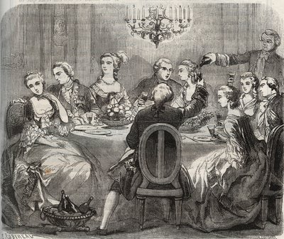 Libertinage: Christian VII. (1749-1808), König von Dänemark und Norwegen, während eines libertinen Festes, das von der Tänzerin Marie Madeleine Guimard (1743-1816) in ihrem Haus in Pantin organisiert wurde. Gravur von 1871 in „Histoire Des Cocuses Celebres von French School