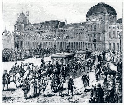 Das Leben unter Ludwig XV.: Der König kommt im Palais des Tuileries an, wo die Königin und der Dauphin auf ihn warten von French School