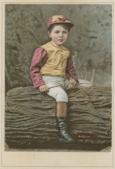 Kleiner Junge in Jockey-Kleidung auf einem Baumstamm sitzend von French School