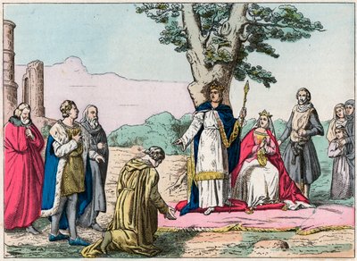 Ludwig IX., genannt „Saint-Louis“ (1214-1270), richtet über alle seine Untertanen im Bois de Vincennes - Gravur Ende des 19. Jahrhunderts in „Nos Gires Nationales - Images et récits“ von French School