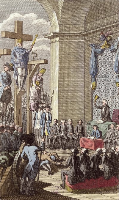 Ludwig XVI. (1754-93) bei seinem Prozess, gekreuzigt zwischen dem Adel und dem Klerus, ca. 1792 von French School
