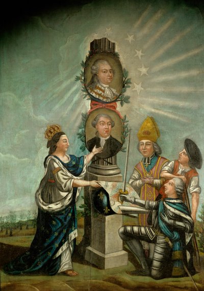 Ludwig XVI und sein Finanzminister Jacques Necker, bewundert von den drei Ständen Frankreichs, Aristokratie, Klerus und Bürgertum von French School