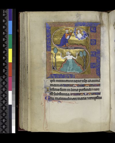 David betet zu Gott (oben), David sinkt ins Wasser (unten), aus dem Psalter und Stundenbuch von Isabella von Frankreich, Paris, ca. 1265-70 von French School
