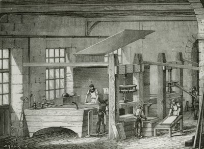 Papierherstellung von Hand durch Sieben von Zellstoff. Gravur um 1870. von French School