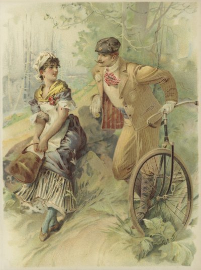 Mann auf Fahrrad macht einem Dienstmädchen Avancen von French School