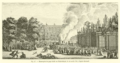 Puppen des Papstes verbrannt im Palais-Royal, am 16. April 1791, nach Bertault von French School