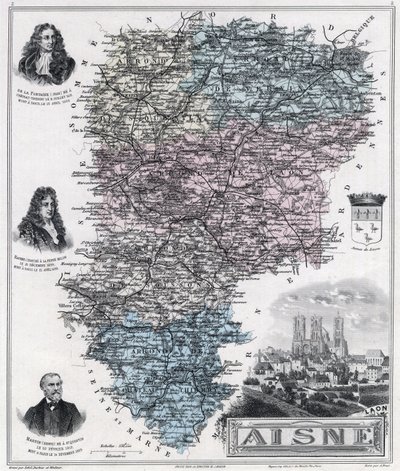 Karte des Departements Aisne (Gravur 1889) von French School
