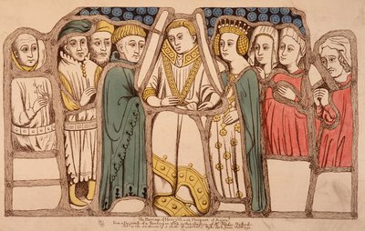 Hochzeit von Heinrich VI. von England (1421 - 1471) und Margarita von Anjou (1429 - 1482) im Jahr 1445. Kupferstich von 1793. Bibl. der Künste Deco in Paris von French School
