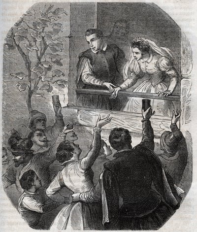 Heirat von Martin Guerre (um 1524) und Bertrande de Rols in Artigat (Ariege) am 15. Mai 1539. Gravur von 1871 in „Histoire Des Cocuses Celebres“ von Henry de Kock (1819-1892) von French School