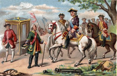 Maurice von Sachsen, Marschall von Sachsen (1696-1750), siegreich in der Schlacht von Fontenoy, traf Ludwig XV. von Frankreich (1710-1774). Chromolithographie um 1890 von French School