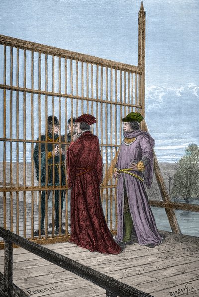 Treffen von König Edward IV. und Ludwig XI. von Frankreich in Pecquigny - Vertrag von Picquigny (Département der Somme) am 29. August 1475 zwischen Ludwig XI. und Edward IV. beendet den Hundertjährigen Krieg - Gravur in „L