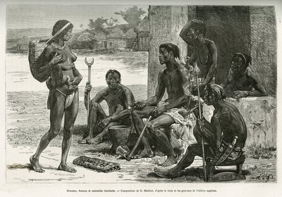Männer, Frauen und Utensilien (Bihe-Region, Ruanda). Gravur von D. Maillart, zur Illustration der Geschichte, wie ich Afrika überquerte, vom Atlantischen Ozean zum Indischen Ozean, von Major Serpa Pinto, 1877-1878, veröffentlicht in der Tour du monde, unte von French School