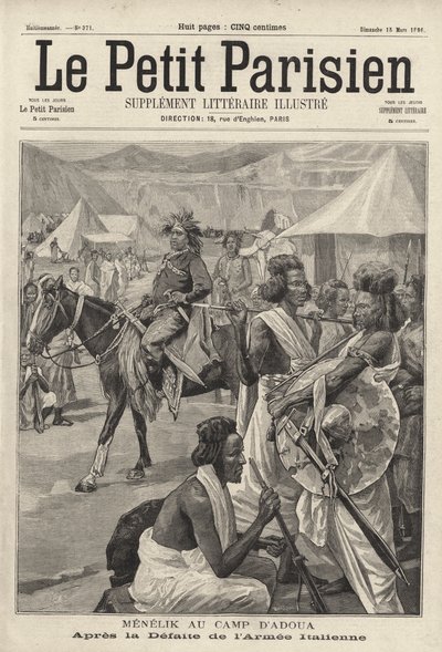 Menelik II., Kaiser von Äthiopien, im Lager von Adwa nach der Niederlage der italienischen Armee, Erster Italienisch-Äthiopischer Krieg von French School