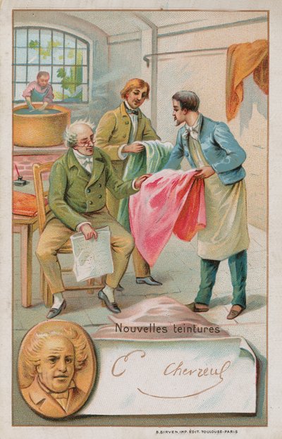 Michel Eugene Chevreul, französischer Chemiker (1786-1889), inspiziert einige neue Farbstoffe von French School