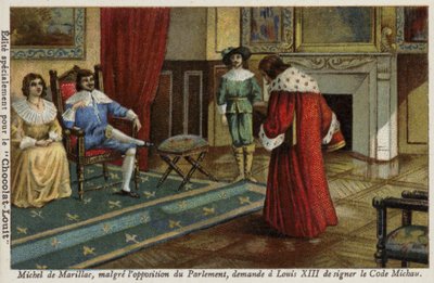 Michel de Marillac bittet trotz des Widerstands des Parlaments Ludwig XIII., den Code Michau zur Reform des französischen Rechtssystems zu unterzeichnen, 1629 von French School