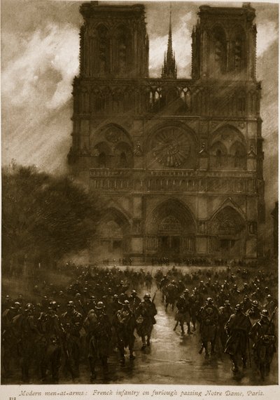 Französische Infanterie auf Urlaub passiert Notre Dame, Paris, 1914-19 von French School
