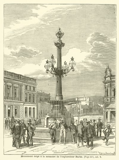 Denkmal zu Ehren des Entdeckers Burke (Gravur) von French School