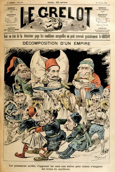 Sterbende Türkei und ausländische Mächte kämpfen um seine Stiefel, Umschlag „Le Grelot“ 21/2/1897 von French School