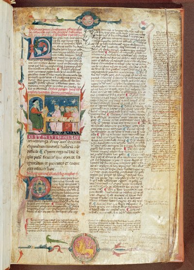 Unterrichtsszene, erste Seite der Aphorismen von Hippokrates mit Kommentaren von Galen von French School