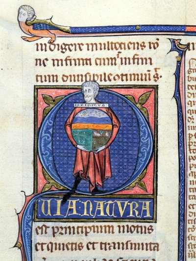 Ms 3469 Philosoph hält eine Kugel mit den vier Elementen, aus der Physik von Aristoteles (384-322 v. Chr.) (Feder, Tinte & Tempera auf Pergament) von French School
