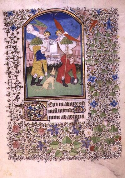 Ms 69 f.52r Zwei Engel erscheinen den Hirten, aus dem Besançon Stundenbuch (Pergament) von French School