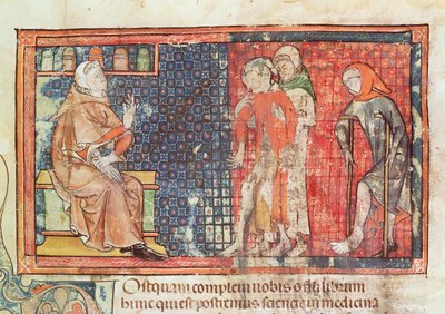 Ms 89 Ter fol.95 Ein kranker Mann und ein verkrüppelter Mann werden einem Arzt vorgestellt, aus einem Traktat von Abul Qasim Kalaf ibn al-Abbas al Zahrawi (Albucasis) von French School