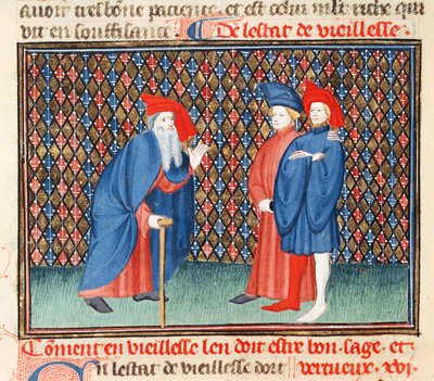 Ms Fr 1023 fol.57v Wie die Alten gut, weise und tugendhaft sein müssen, aus dem Buch der guten Sitten, von Jacques le Grant (1360-1415) von French School