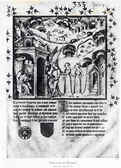 Der Autor empfängt die Liebe, die ihm süße Gedanken, Vergnügen und Hoffnung bringt, ca. 1370 von French School