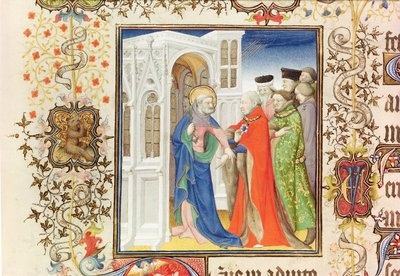 St. Peter führt Jean de France (1340-1416) Herzog von Berry ins Paradies, aus den Grandes Heures de Duc de Berry, 1409 von French School