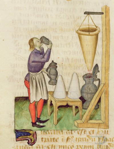 Ms. Tractatus de Herbis von Dioscorides, fol.142r Alkoholherstellung von French School