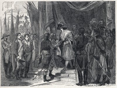 Napoleon Bonaparte (1769-1821) übergab das Abkommen von Campoformio an das Mitglied des Direktoriums am 10. Dezember 1797. Dieses Abkommen zwischen Frankreich und Österreich markiert das Ende der Ersten Koalition. von French School