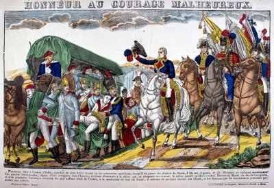 Napoleon I. zieht seinen Hut vor einem Konvoi von Verwundeten und ruft „Ehre dem unglücklichen Mut!“ Bild von Epinal von French School