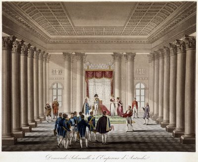 Napoleon bittet Marie Louise um die Hand beim Kaiser von Österreich - in „Historische Geschichte des Krieges zwischen Frankreich und Österreich im Jahr 1809“ von French School