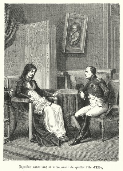 Napoleon konsultiert seine Mutter, bevor er die Insel Elba verlässt von French School