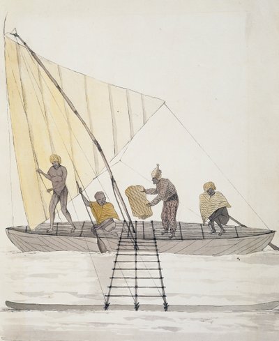 Eingeborene von Iles Basses und balanciertes Segelkanu, Aquarell von Jules-Louis Lejeune, aus Duperreys Reise von French School