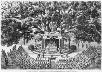 Neukaledonien, Messe auf der Insel Nou, nach einer Federzeichnung eines Transportierten, Illustration aus dem Bulletin Les Missions Catholiques, 1875 von French School