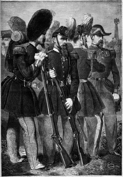 Neue Uniformen der französischen kaiserlichen Garde im Jahr 1860. Gravur in „Le Monde Illustré“ Nr. 165 vom 9. Juni 1860. von French School