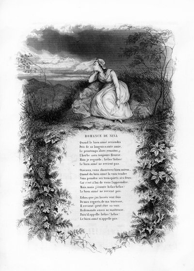 Ninas Romanze. Eine einsame Frau im Hochzeitskleid am Rande eines Landwegs. Gravur in „Chants et chansons populaire de la France“, Band 2 von French School