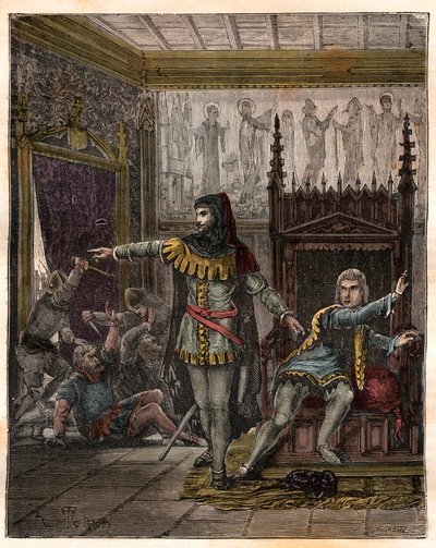 Hundertjähriger Krieg: „Der Dauphin Charles (später Karl V.) (1338-1380) (der erste Dauphin von Frankreich) und Étienne Marcel (1302/1310-1358), der zwei Minister (Marschälle) Robert de Clermont und Jean de Conflans im Zimmer des französischen Dauphins erm von French School