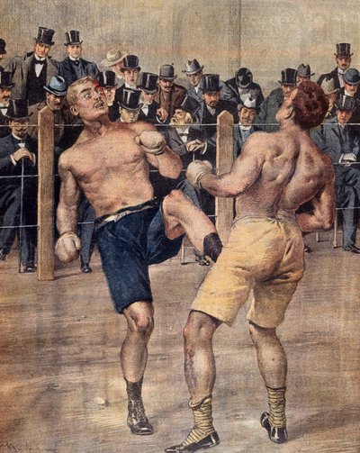 Eines der ersten Savate-Treffen, französisches Boxen, ausgetragen in Paris 1899, Farbgravur, Frankreich von French School