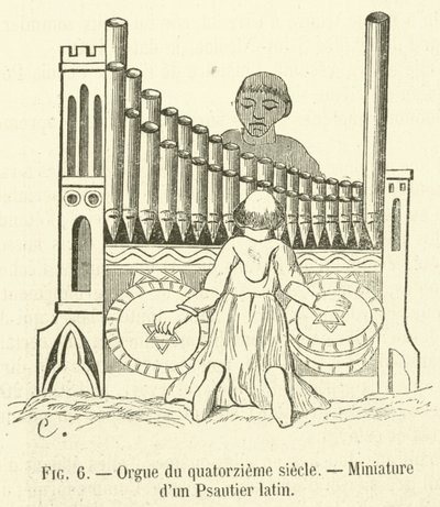 Orgel aus dem vierzehnten Jahrhundert, Miniatur aus einem lateinischen Psalter von French School