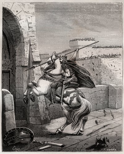 Otto II., Heiliger Römischer Kaiser vor Paris - Otto II. des Heiligen Reiches, bekannt als der Rote (955-983), ärgert sich, dass er nicht in Paris eindringen kann (Belagerung von Paris, 978), und geht unter die Mauern der Stadt, um seinen Speer in das Tor  von French School