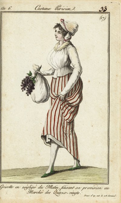 Pariser Ladenmädchen im legeren Morgenkleid, 26. März 1798 (handkolorierte Kupferstichgravur) von French School