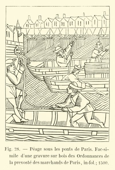 Maut unter den Brücken von Paris, Faksimile eines Holzschnitts aus den Verordnungen der Prévôté des Marchands von Paris, in-fol; 1500 von French School