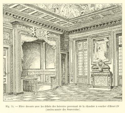 Raum dekoriert mit den Überresten der Holzarbeiten aus dem Schlafzimmer von Heinrich IV., ehemaliges Museum der Souveräne von French School