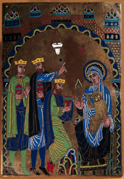 Plakette des Hauptaltars der Abtei von Grandmont: Anbetung der Könige. Vergoldetes und graviertes Email auf Kupfer. 1275-1300. Aus Limoges. Paris, Nationalmuseum des Mittelalters, Thermes de Cluny von French School