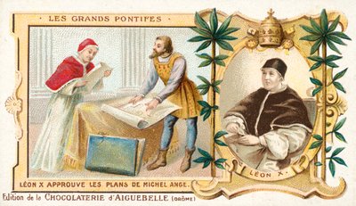 Papst Leo X. genehmigt die Pläne von Michelangelo von French School